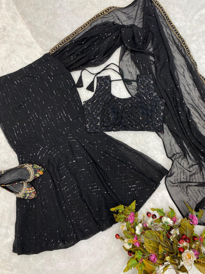 Black sequence embroidered party wear designer lehenga saree