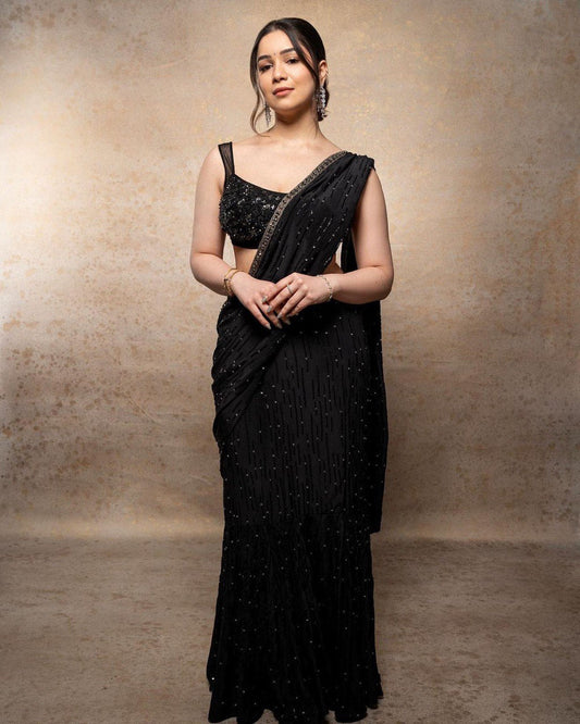 Black sequence embroidered party wear designer lehenga saree