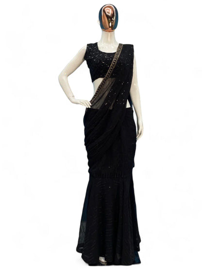 Black sequence embroidered party wear designer lehenga saree