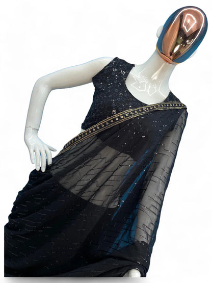 Black sequence embroidered party wear designer lehenga saree