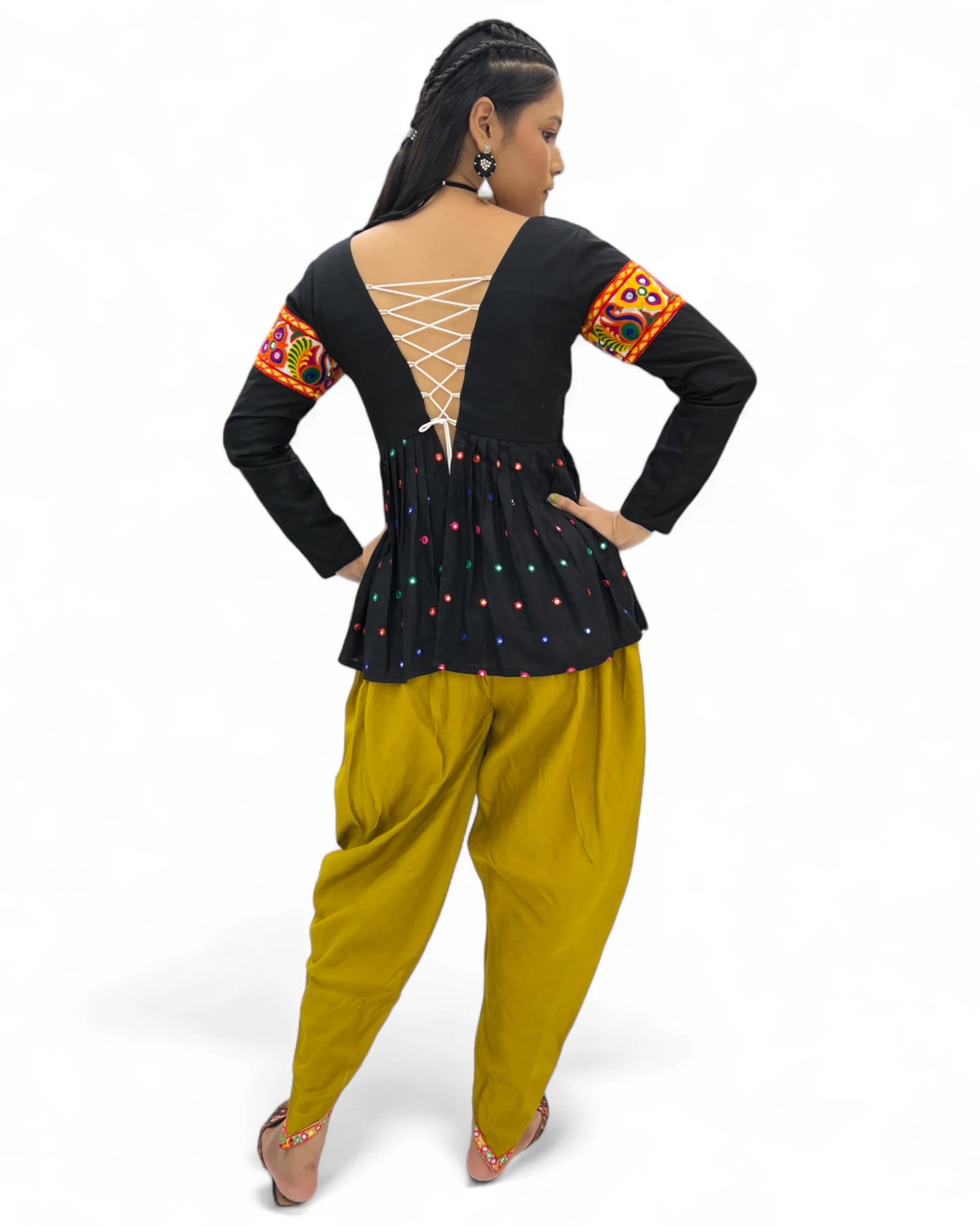 Black yellow rayon gamthi kedia navratri gujarati garba dhoti dadiya dress
