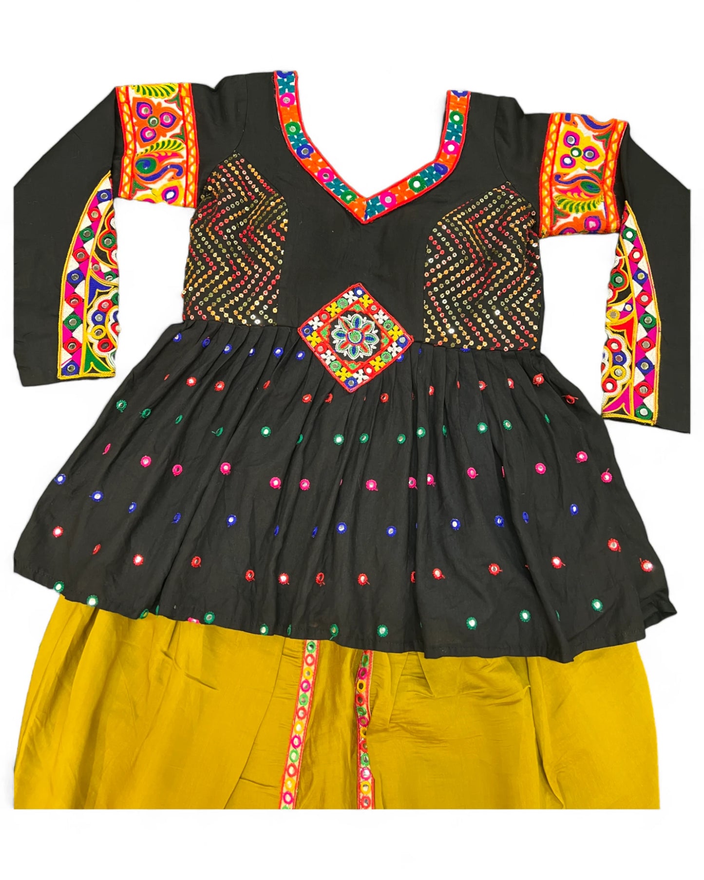 Black yellow rayon gamthi kedia navratri gujarati garba dhoti dadiya dress