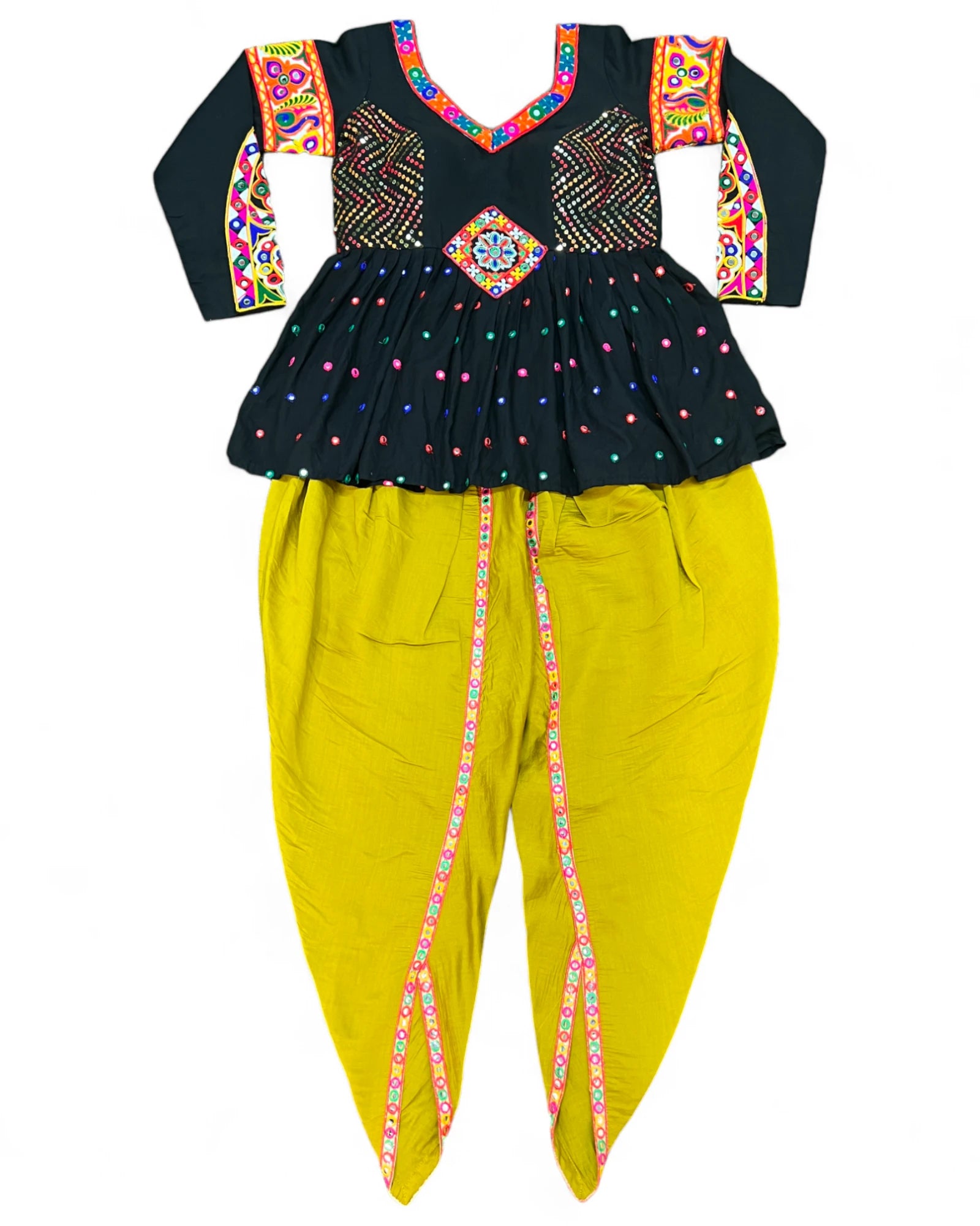 Black yellow rayon gamthi kedia navratri gujarati garba dhoti dadiya dress