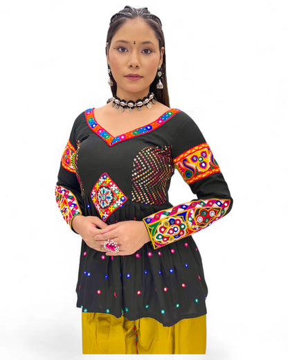 Black yellow rayon gamthi kedia navratri gujarati garba dhoti dadiya dress