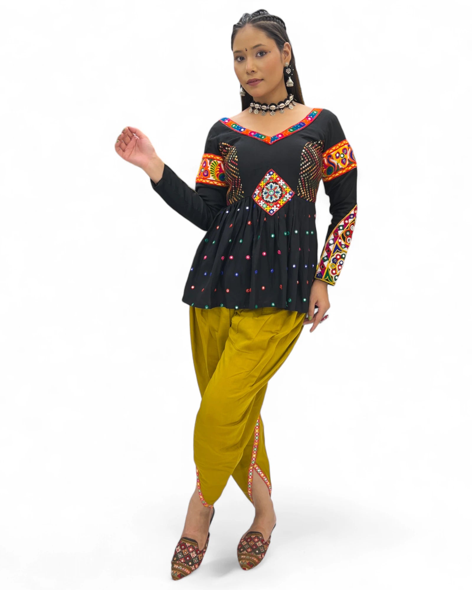 Black yellow rayon gamthi kedia navratri gujarati garba dhoti dadiya dress