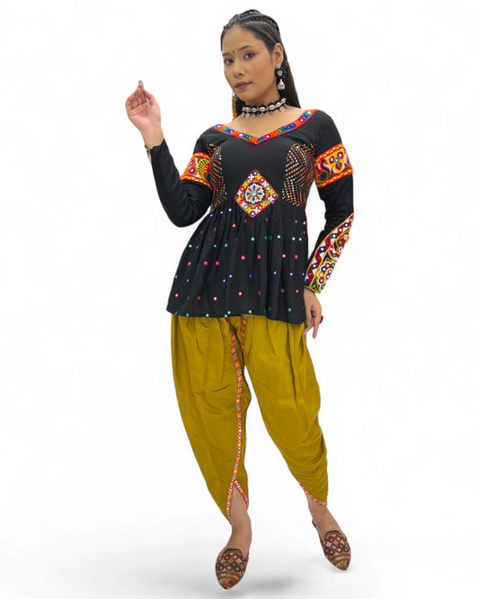 Black yellow rayon gamthi kedia navratri gujarati garba dhoti dadiya dress