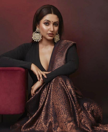 Black lichi silk jacquard work stylish party wear saree