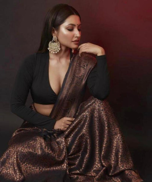 Black lichi silk jacquard work stylish party wear saree