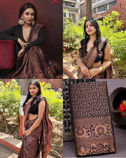 Black lichi silk jacquard work stylish party wear saree