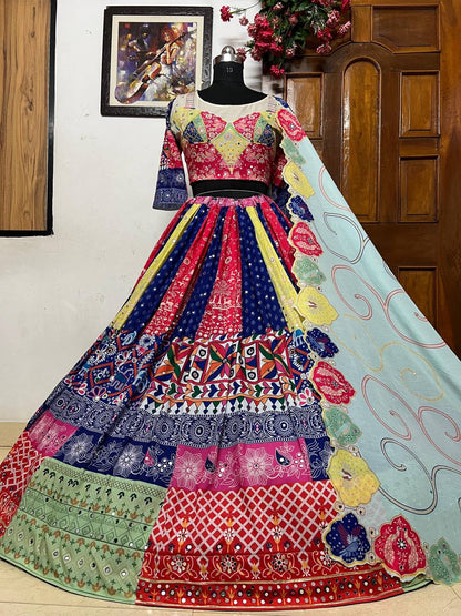 Blue cotton print mirror work gujarati garba navratri lehenga chaniya choli
