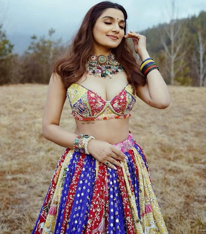 Blue cotton print mirror work gujarati garba navratri lehenga chaniya choli