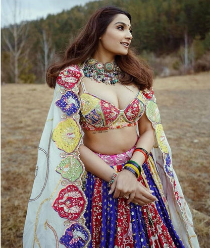 Blue cotton print mirror work gujarati garba navratri lehenga chaniya choli