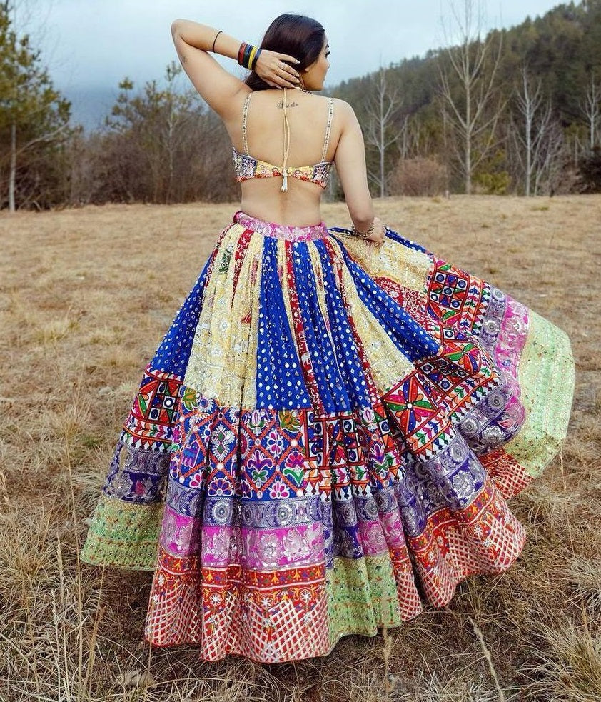 Blue cotton print mirror work gujarati garba navratri lehenga chaniya choli