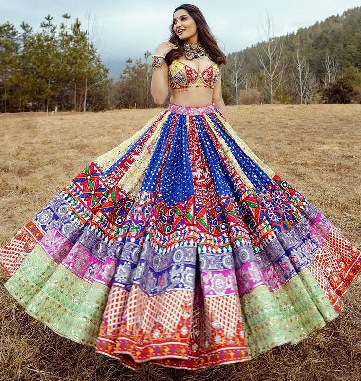 Blue cotton print mirror work gujarati garba navratri lehenga chaniya choli