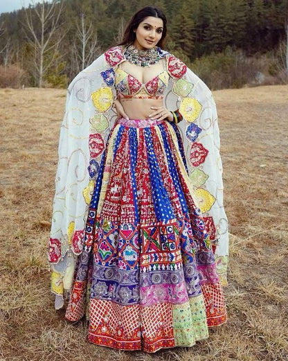 Blue cotton print mirror work gujarati garba navratri lehenga chaniya choli