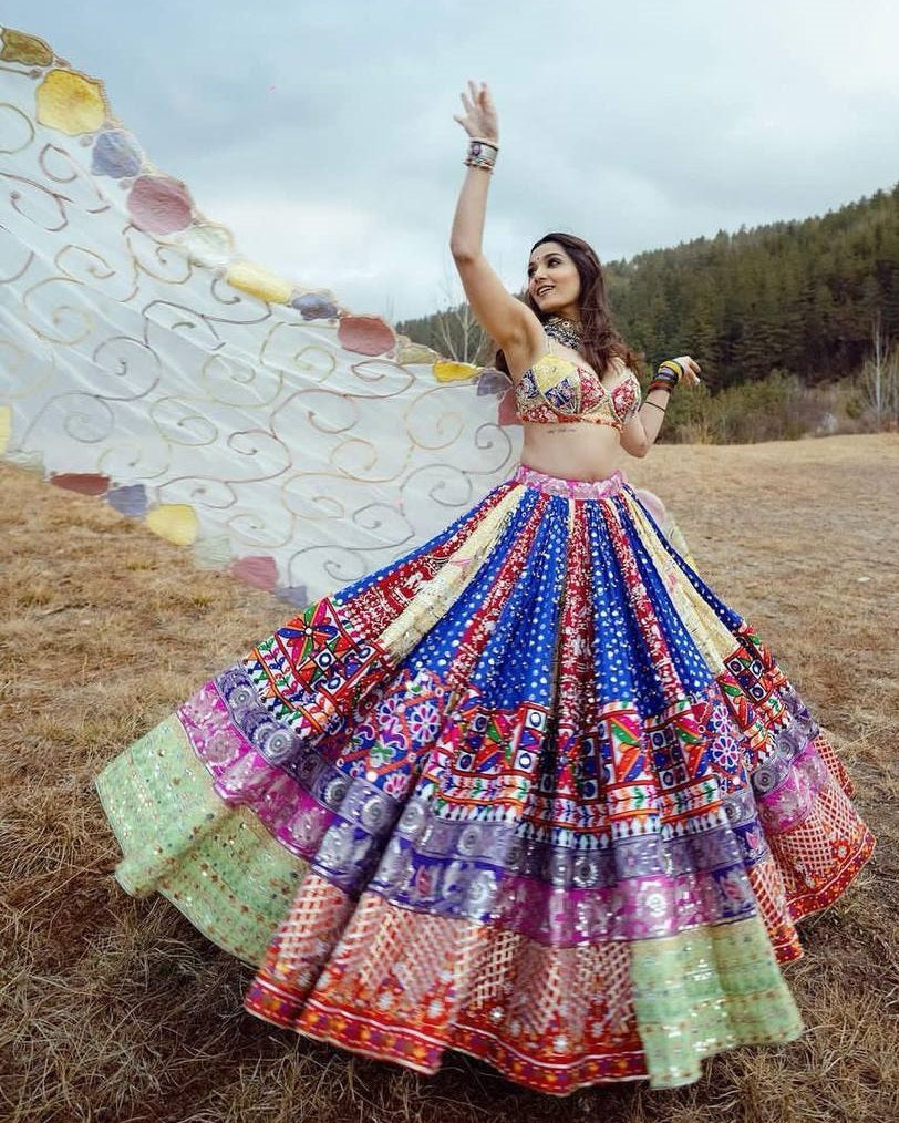 Blue cotton print mirror work gujarati garba navratri lehenga chaniya choli