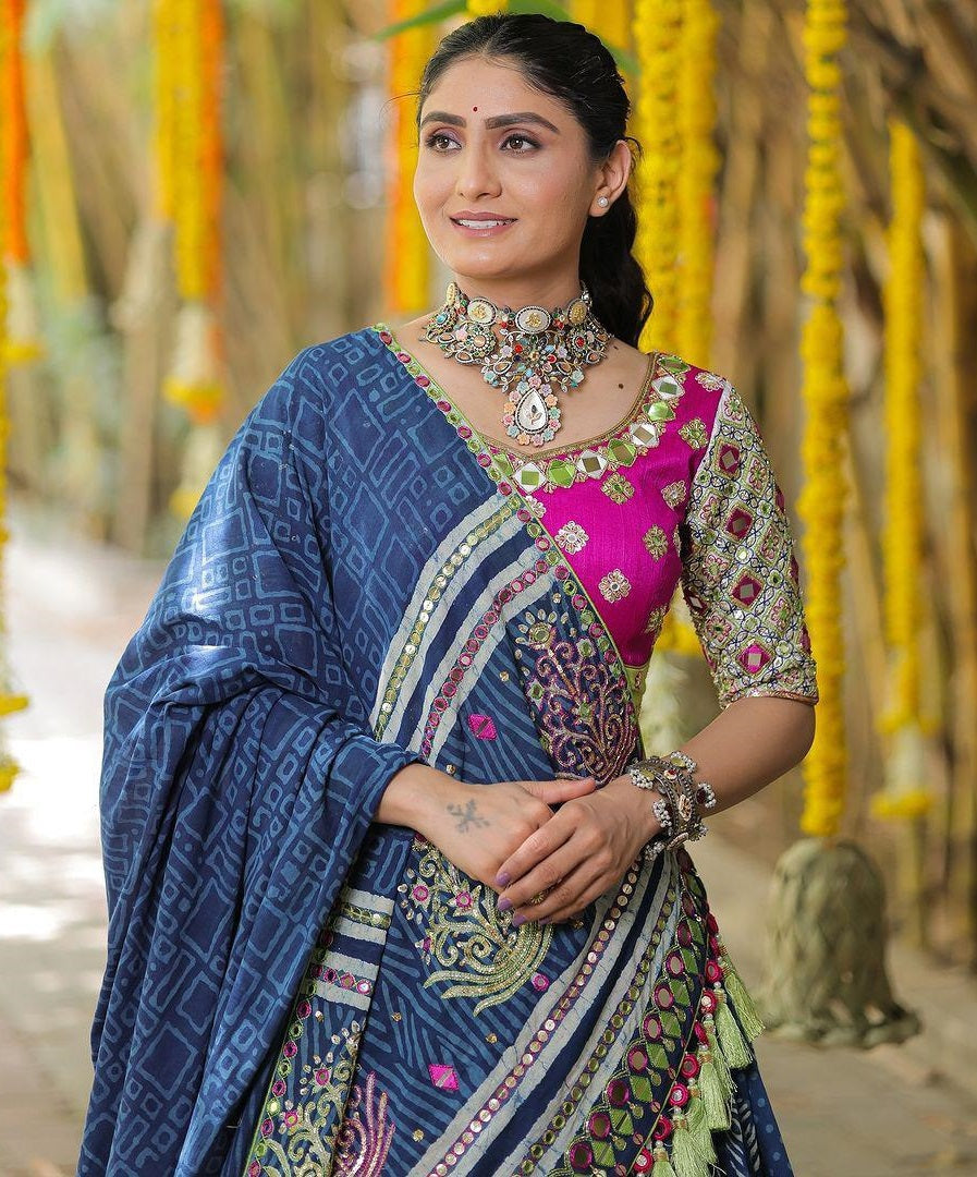 Blue cotton print mirror work navratri lehenga chaniya choli