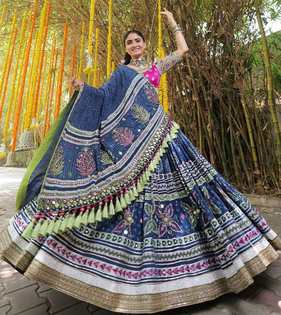 Blue cotton print mirror work navratri lehenga chaniya choli