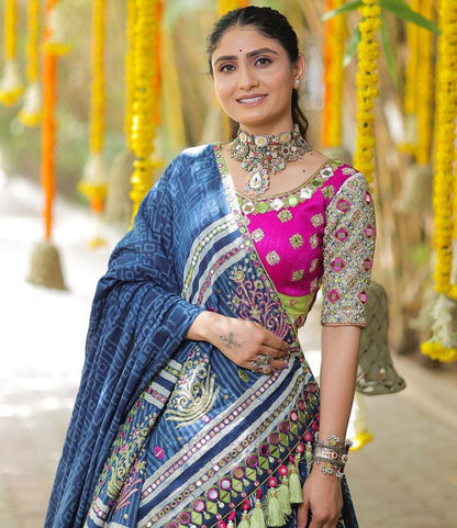 Blue cotton print mirror work navratri lehenga chaniya choli