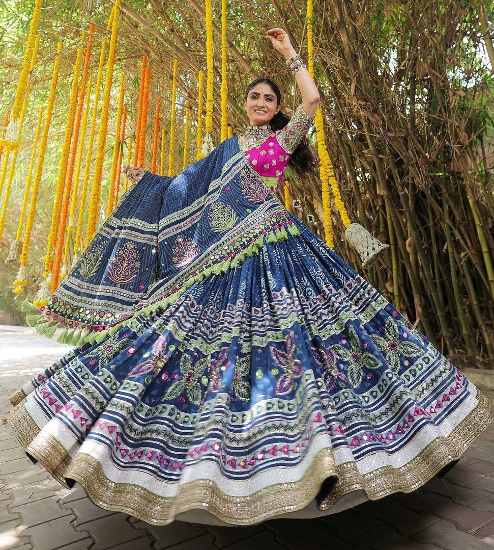 Blue cotton print mirror work navratri lehenga chaniya choli