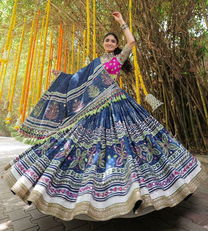Blue cotton print mirror work navratri lehenga chaniya choli