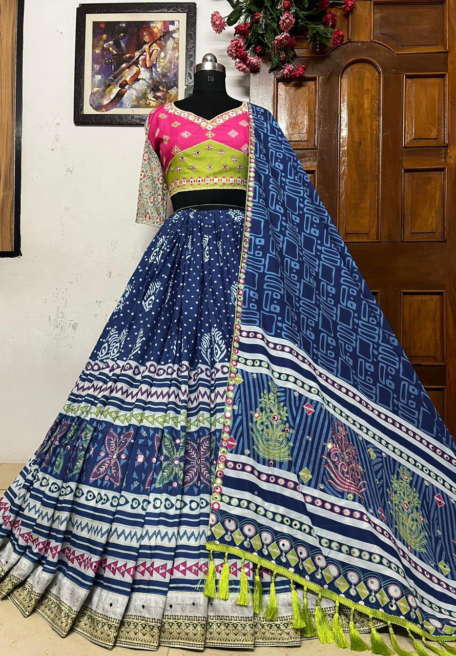 Blue cotton print mirror work navratri lehenga chaniya choli