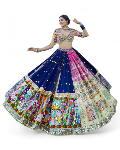 Blue print mirror work gujarati garba navratri lehenga chaniya choli