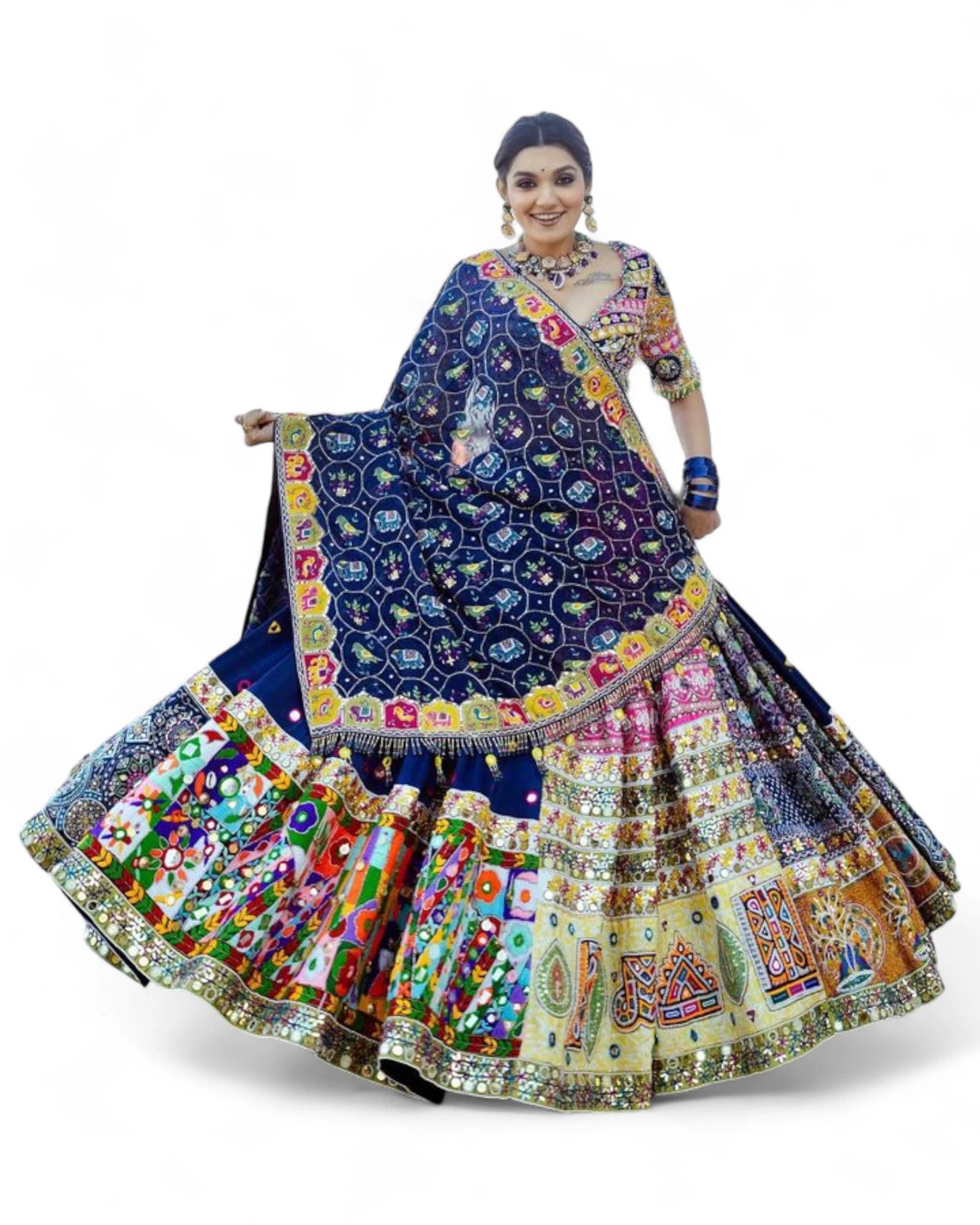 Blue print mirror work gujarati garba navratri lehenga chaniya choli