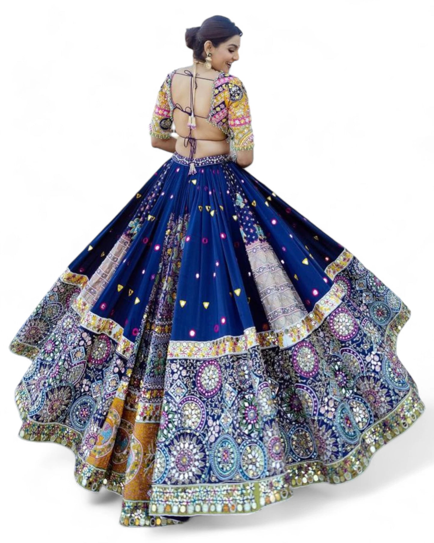 Blue print mirror work gujarati garba navratri lehenga chaniya choli