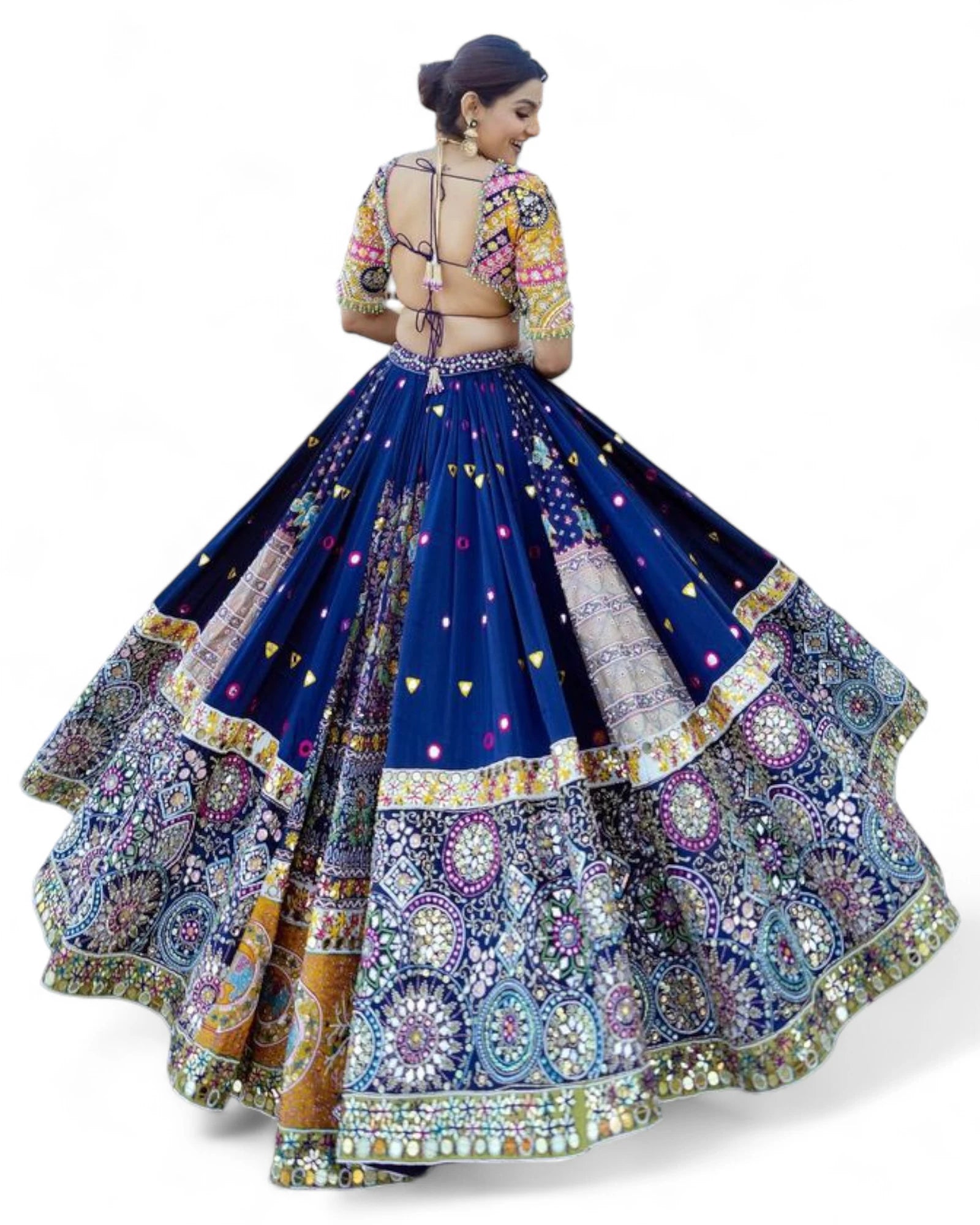 Blue print mirror work gujarati garba navratri lehenga chaniya choli