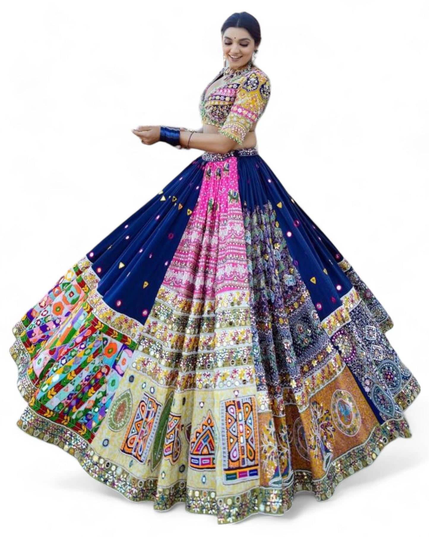 Blue print mirror work gujarati garba navratri lehenga chaniya choli
