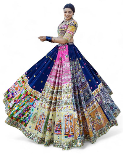 Blue print mirror work gujarati garba navratri lehenga chaniya choli