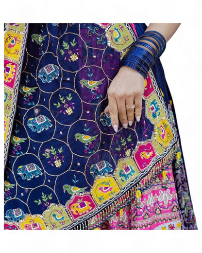 Blue print mirror work gujarati garba navratri lehenga chaniya choli