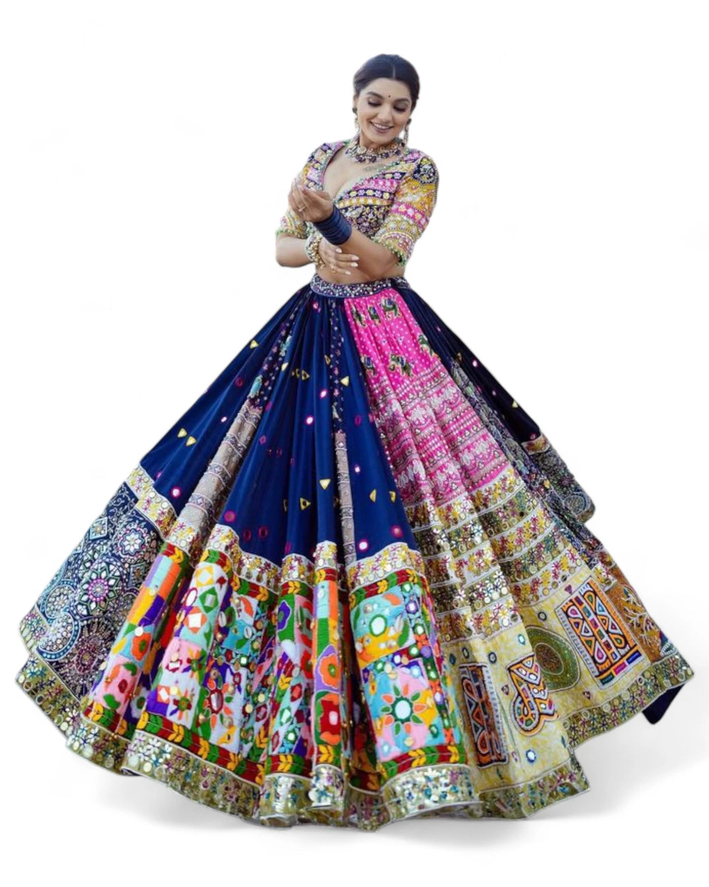 Blue print mirror work gujarati garba navratri lehenga chaniya choli
