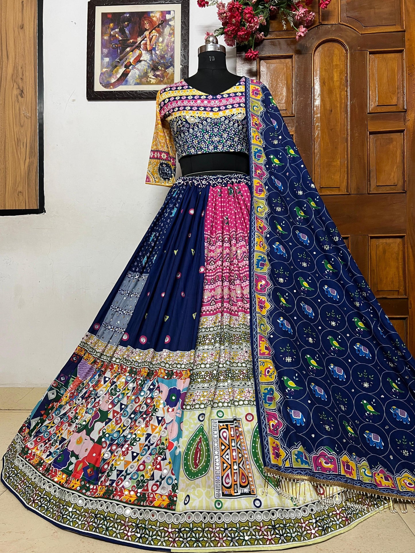 Blue print mirror work gujarati garba navratri lehenga chaniya choli