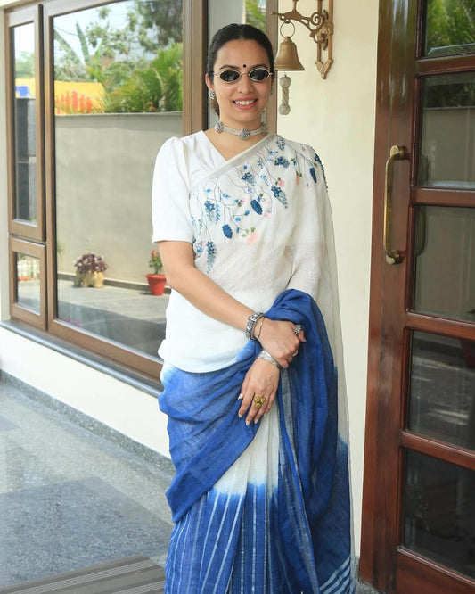 Blue white linen cotton designer printed saree