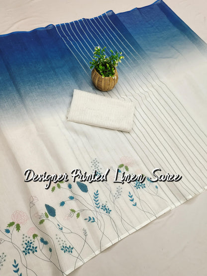 Blue white linen cotton designer printed saree