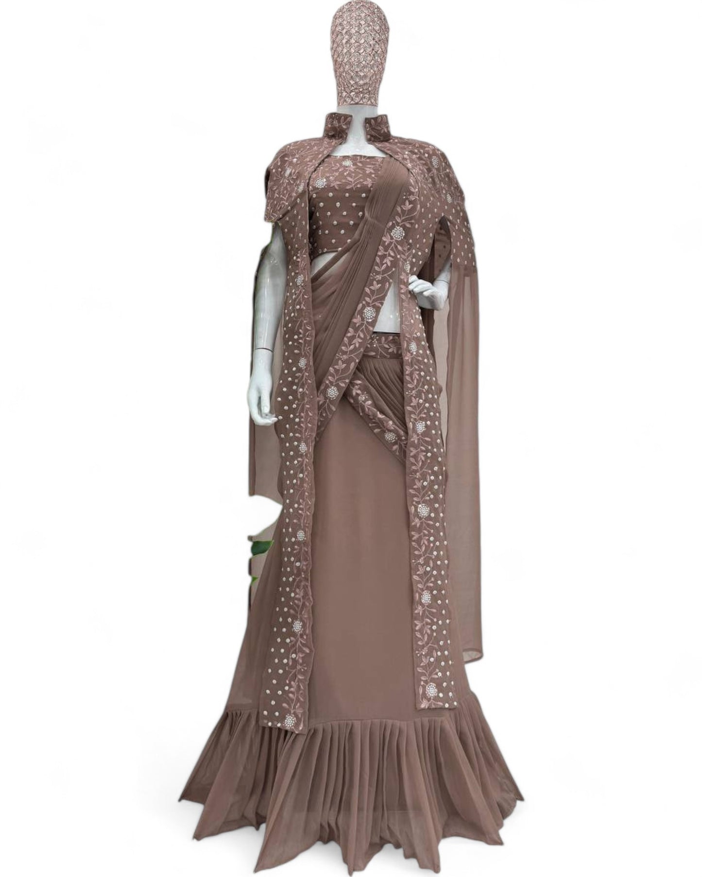 Brown georgette designer work lehenga saree with shrug
