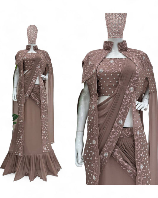 Brown georgette designer work lehenga saree with shrug