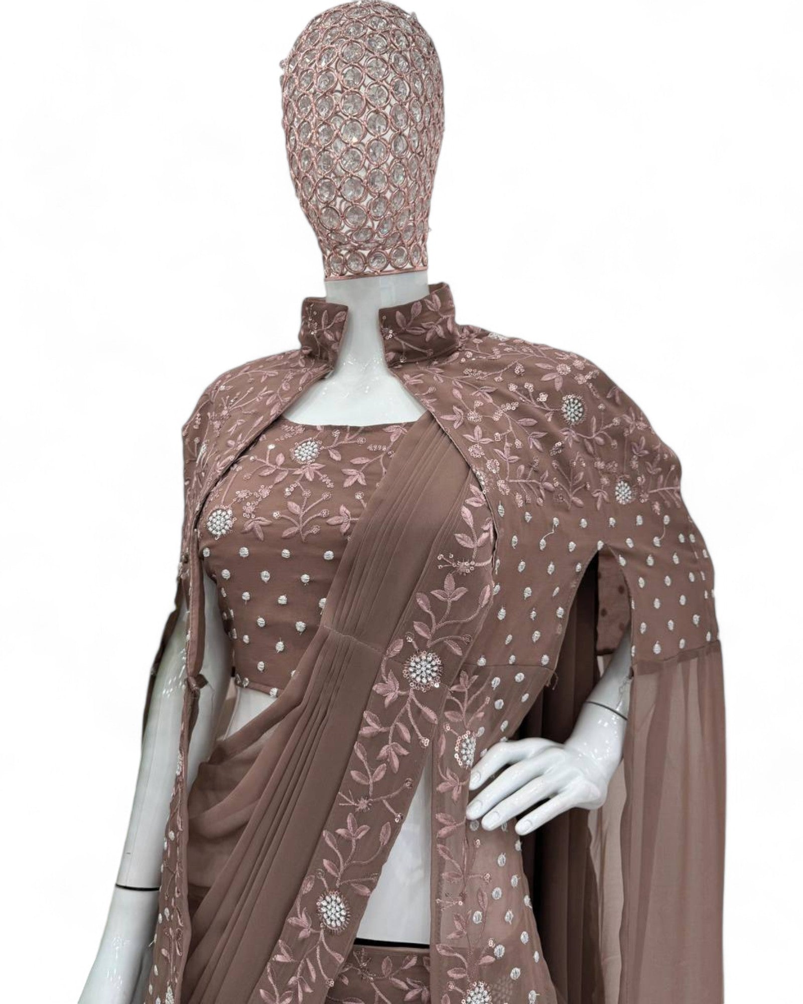 Brown georgette designer work lehenga saree with shrug