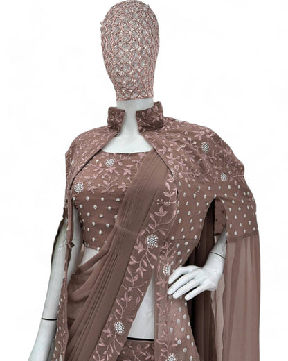 Brown georgette designer work lehenga saree with shrug