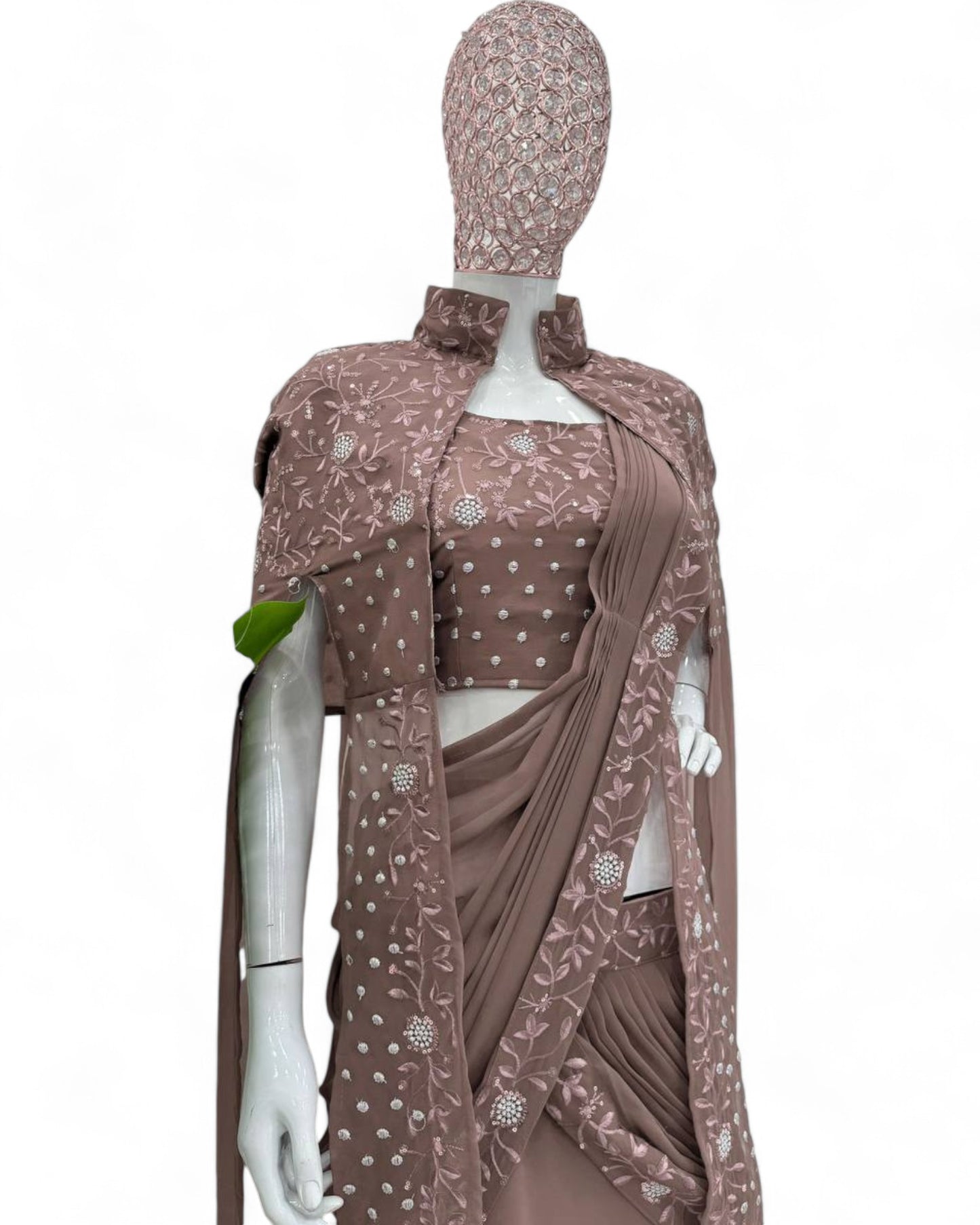 Brown georgette designer work lehenga saree with shrug