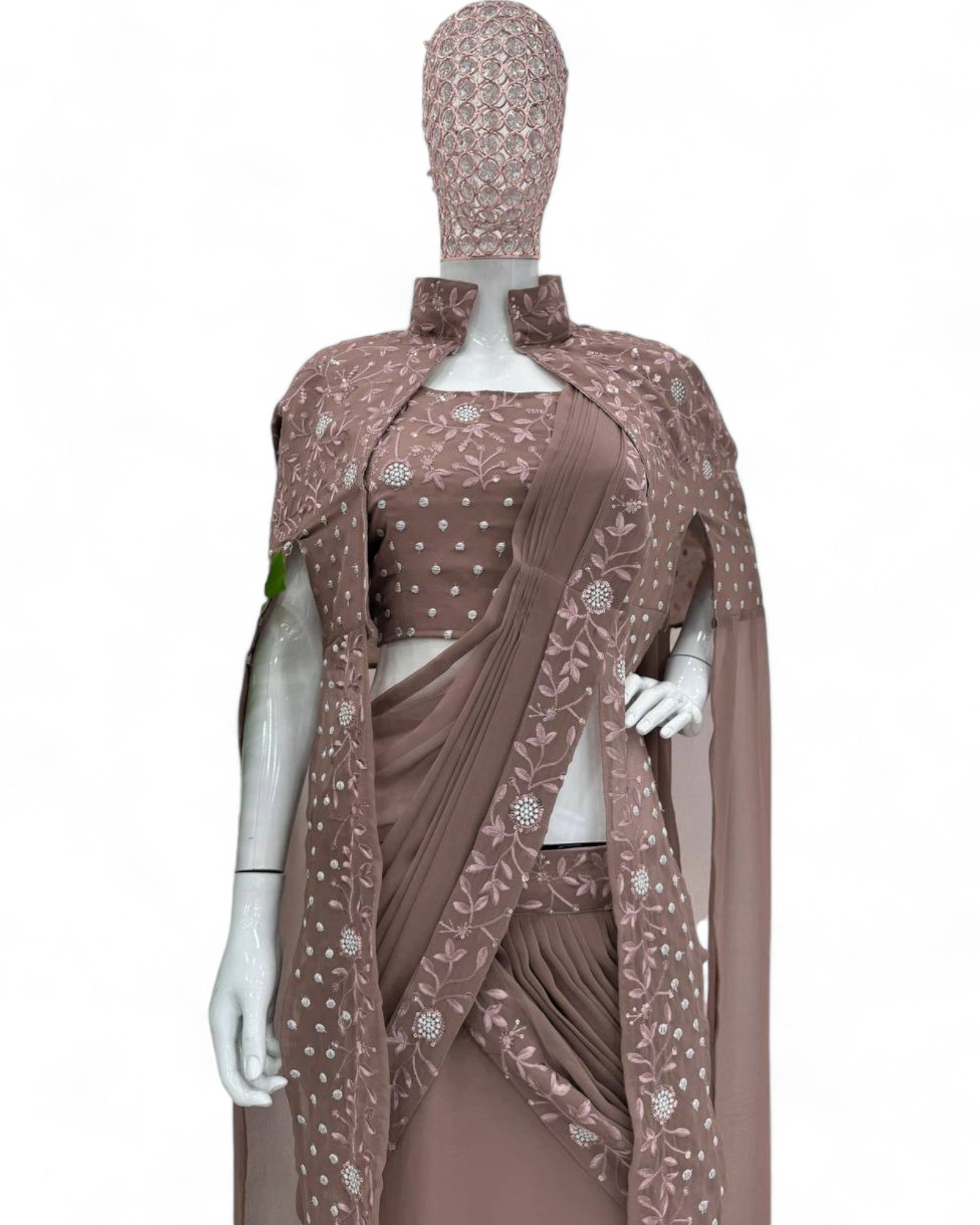 Brown georgette designer work lehenga saree with shrug