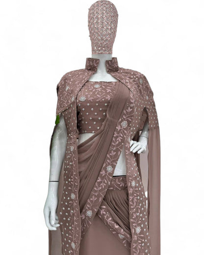 Brown georgette designer work lehenga saree with shrug