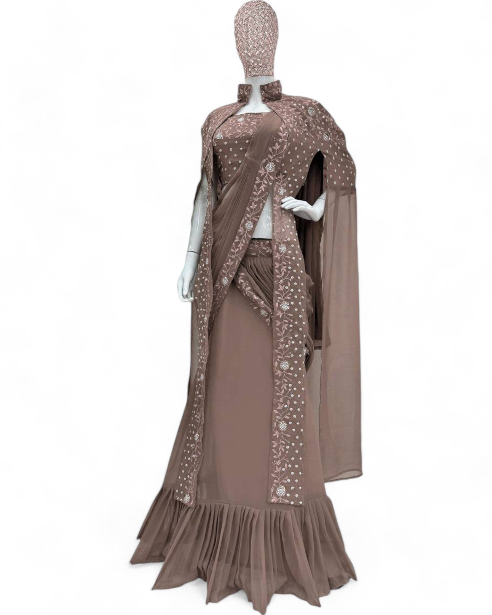 Brown georgette designer work lehenga saree with shrug