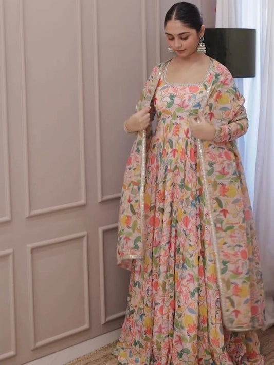 Cream multicolor floral printed stylish designer long anarkali suit