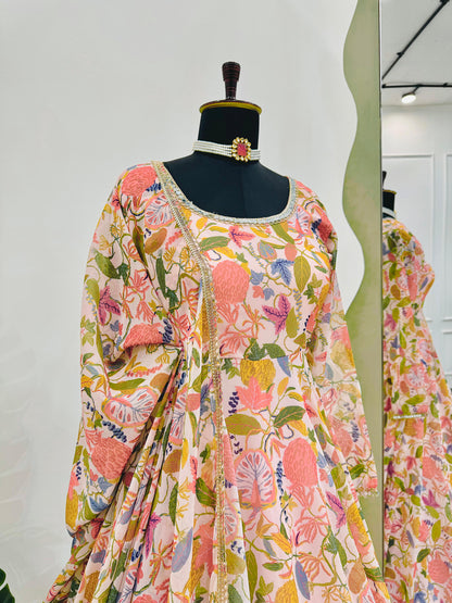 Cream multicolor floral printed stylish designer long anarkali suit