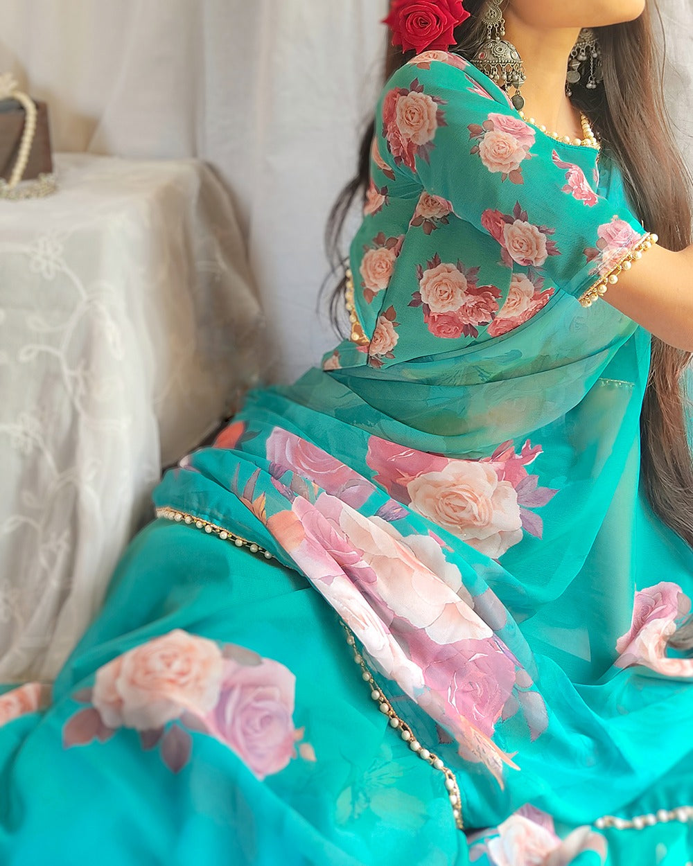 Designer Georgette Floral Printed Moti Lace Saree