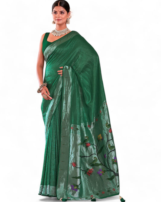 Designer Viscose Paithani Meenakari Weaving Work Wedding Saree Green Free Size