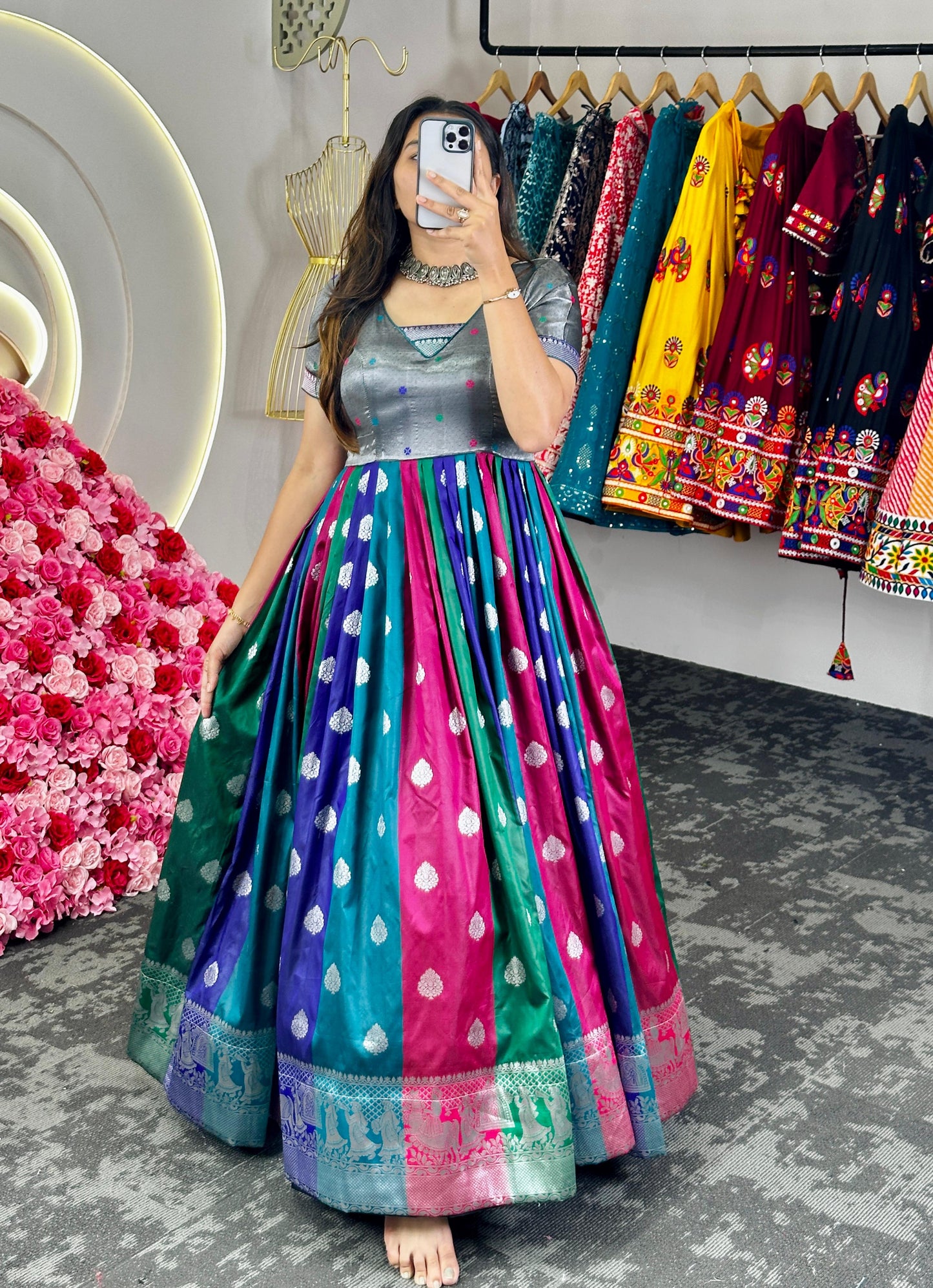 Designer dola silk stylish gown dress for onam festival